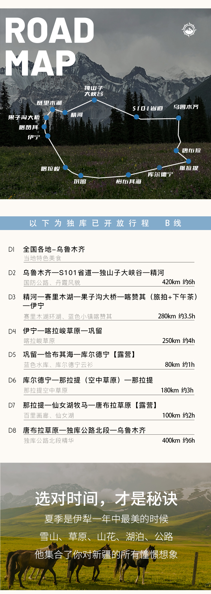 【獨庫版】新疆伊犁漫山星野B線8日（喀贊其旅拍&下午茶+S101 省道+獨山子大峽谷+賽里木湖+果子溝大橋+仙女湖牧馬+唐布拉草原）