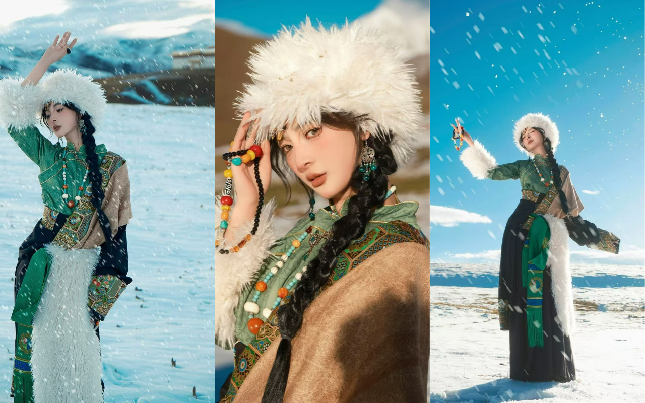 綠棕配色藏袍，頭戴毛絨帽，於雪地背景中，顯高原藏地的豪邁與美麗