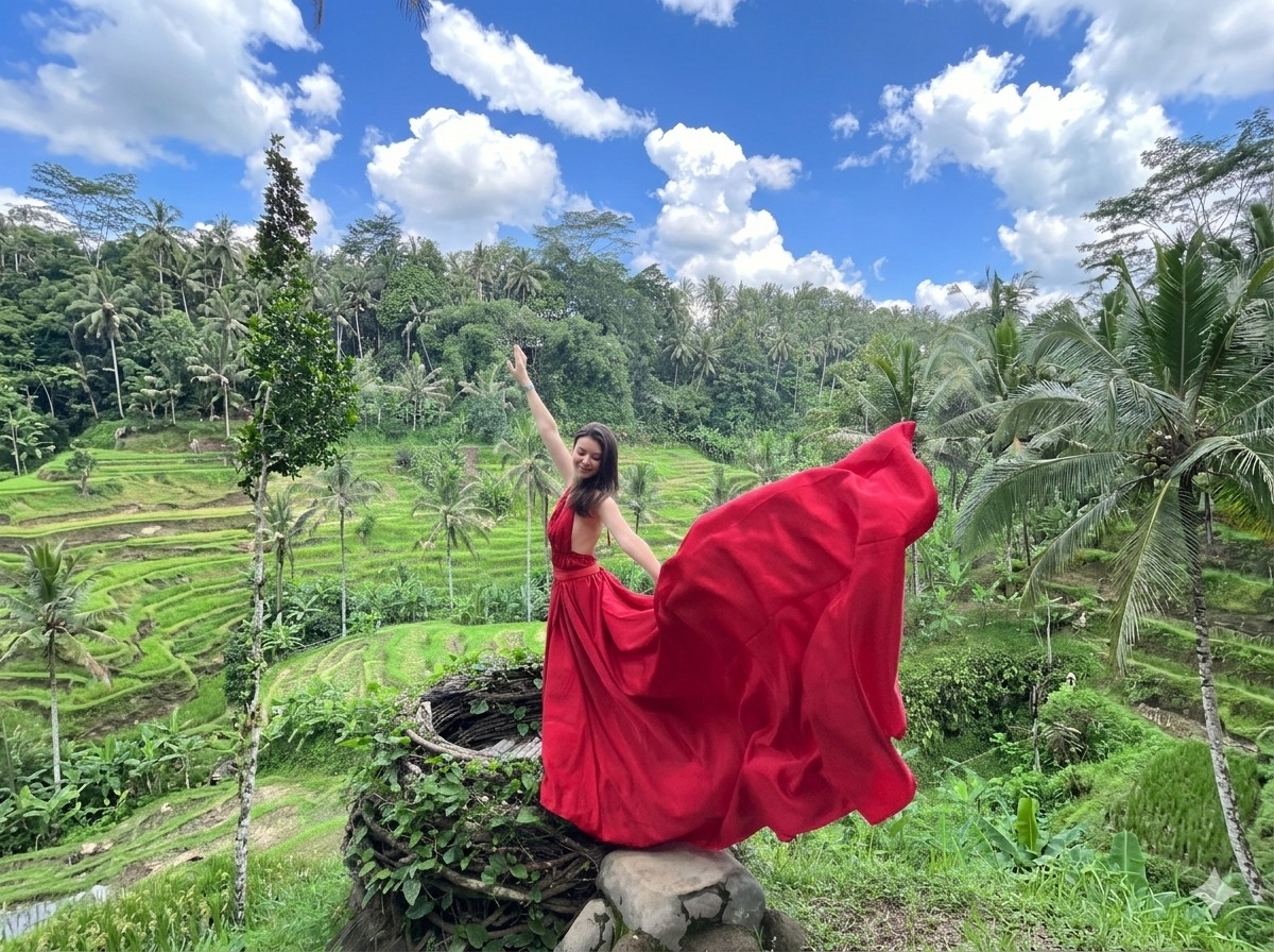 在稻田上方的鳥巢中，捕捉峇裡島的自然之美。