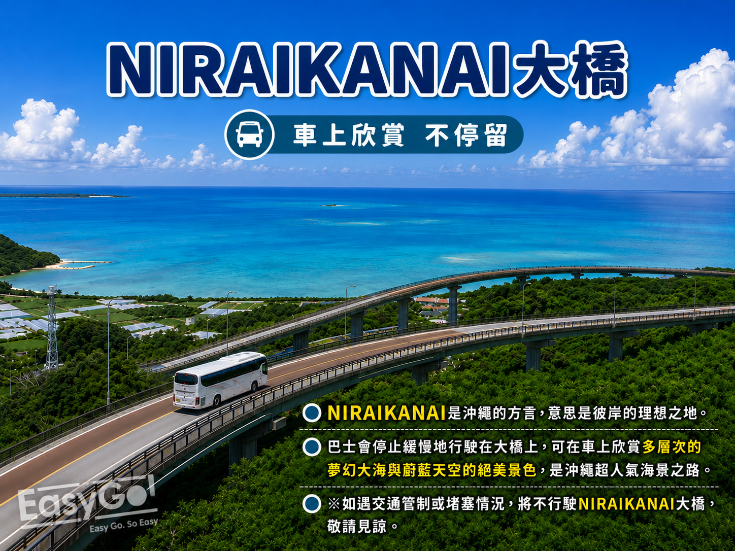 【NIRAIKANAI大橋】車上欣賞不停留 - NIRAIKANAI是沖繩的方言，意思是彼岸的理想之地。巴士會停止緩慢地行駛在大橋上，可在車上欣賞多層次的夢幻大海與蔚藍天空的絕美景色，是沖繩超人氣海景之路。※如遇交通管制或堵塞情況，將不行駛NIRAIKANAI大橋，敬請見諒。