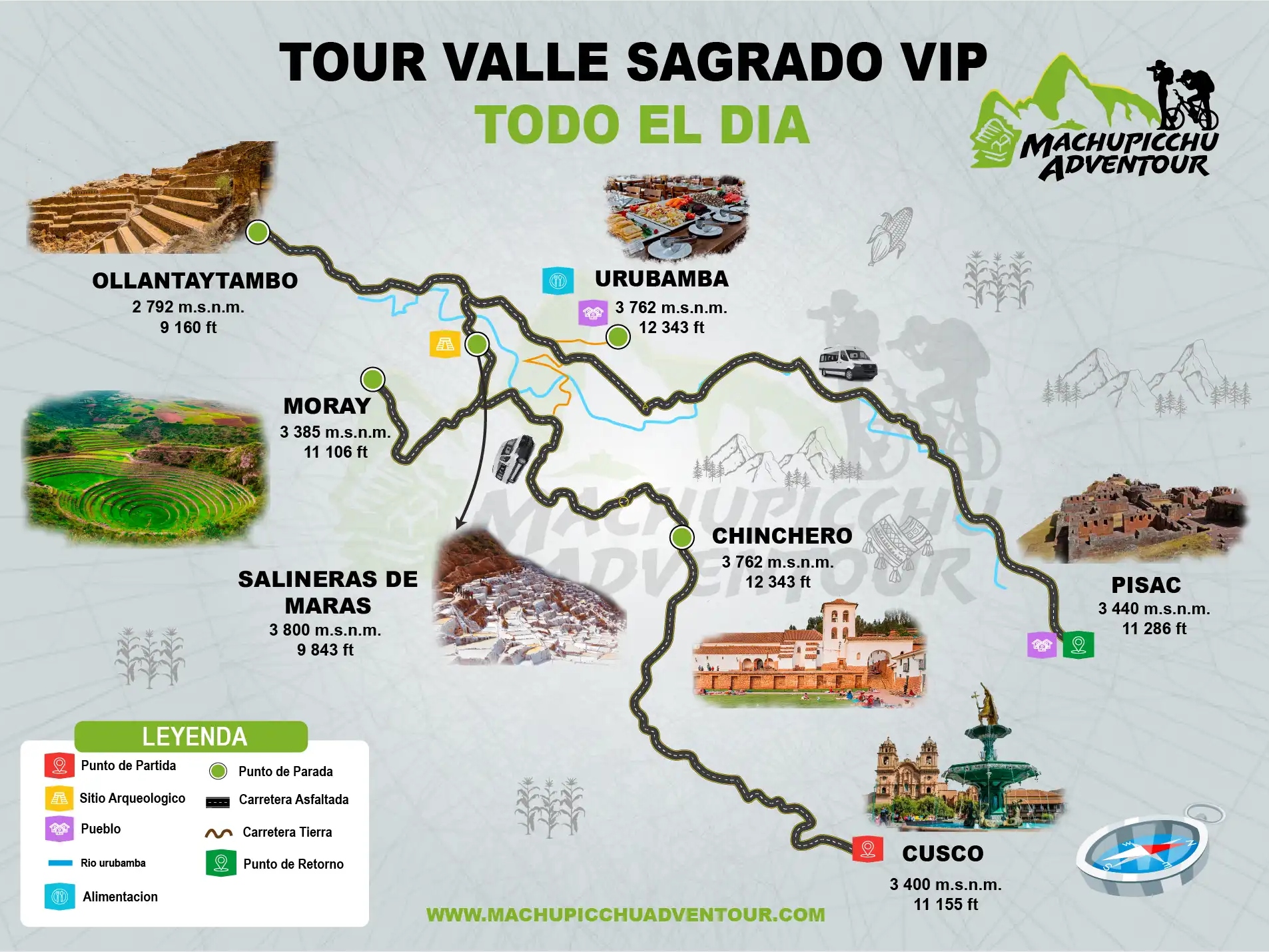 行程地圖，顯示聖谷 VIP 一日遊路線，包含主要停靠站點與亮點