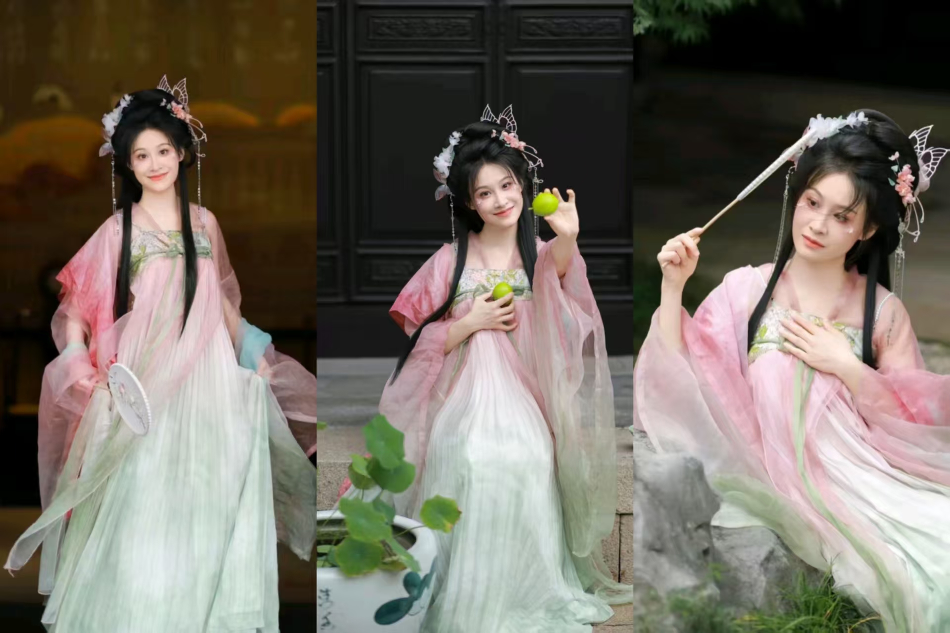 髮飾精緻。持扇、捧果、姿態優雅，背景古建綠植，盡顯溫婉柔美
