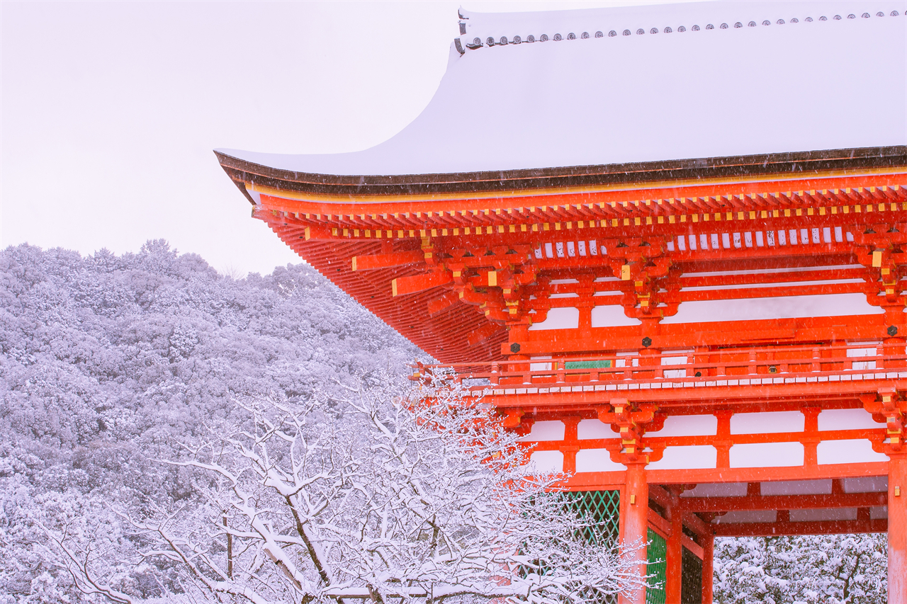 Kiyomizu-dera Temple is built on the hillside of Mt. Otowa and is famous for its wooden "Kiyomizu Stage" towering on the cliff. It overlooks the city of Kyoto and is beautiful in all four seasons.