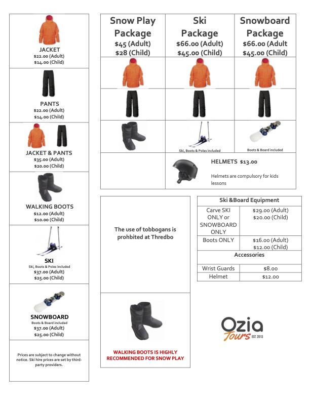 滑雪裝備租借價目表 - 比其他業者更划算！