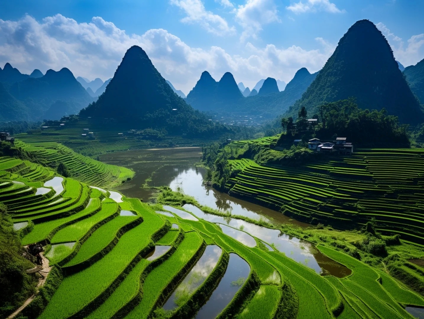 The magnificent scenery of Longji Rice Terraces on a clear day. The layers of green terraces meander along the mountain, with paddy fields reflecting the sky and the clear peaks in the distance.