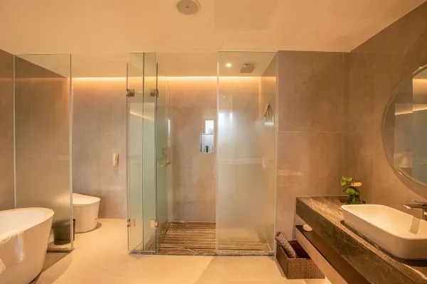 Hotel guest room bathing area environment display map