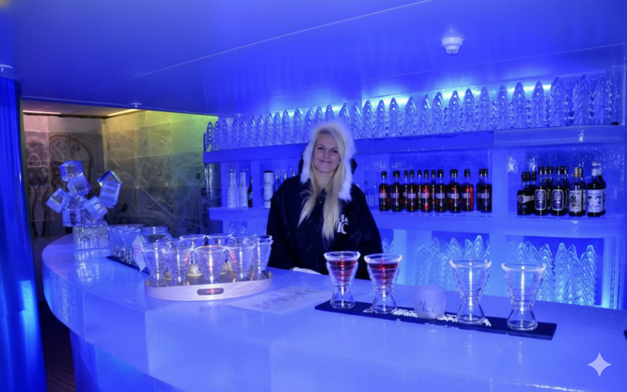 在零度以下的環境中，品嚐盛裝於冰鎮玻璃杯中的招牌迎賓飲品。