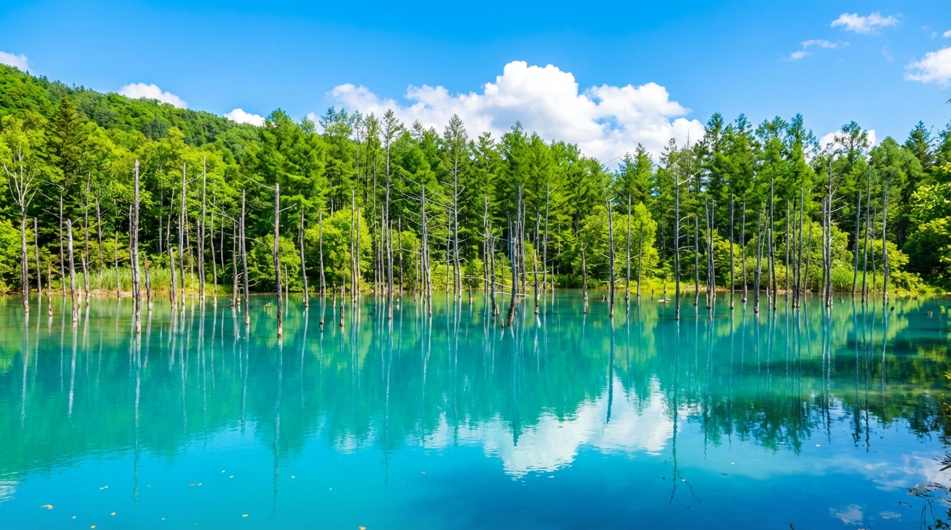 湖水呈現出夢幻的藍綠色，水面上枯木錯落，是很多人專程來拍照的點。光線不同顏色也會變化，晴天尤為好看。