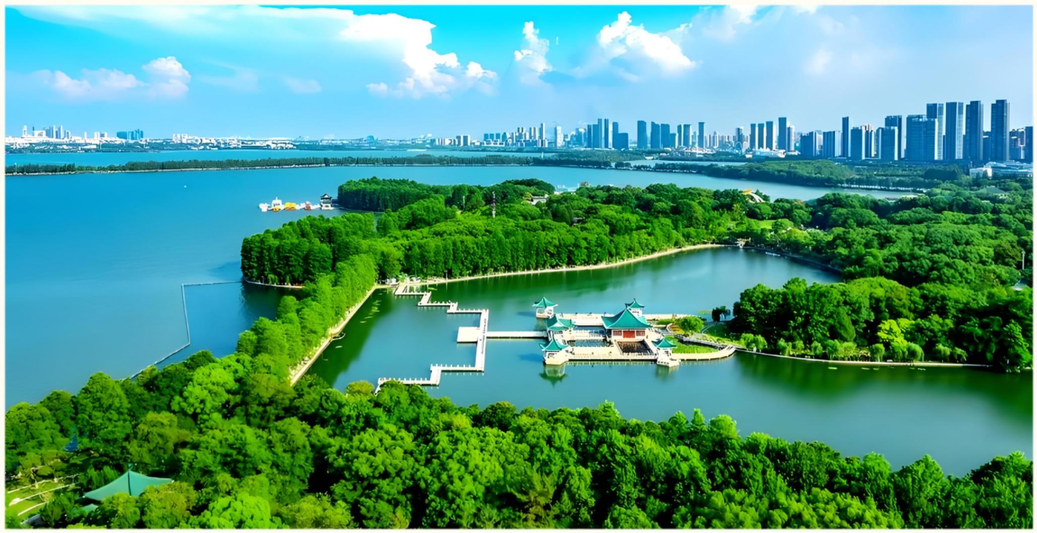 【東湖聽濤風景區】中國最大城中湖的精華區域，沿湖杉樹林立，楚風建築點綴其間。春秋季可觀賞候鳥，夏季荷花滿塘，冬季雪景如畫。