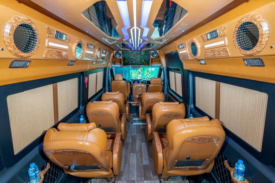 inside the minibus, modern and comfortable leather seat.