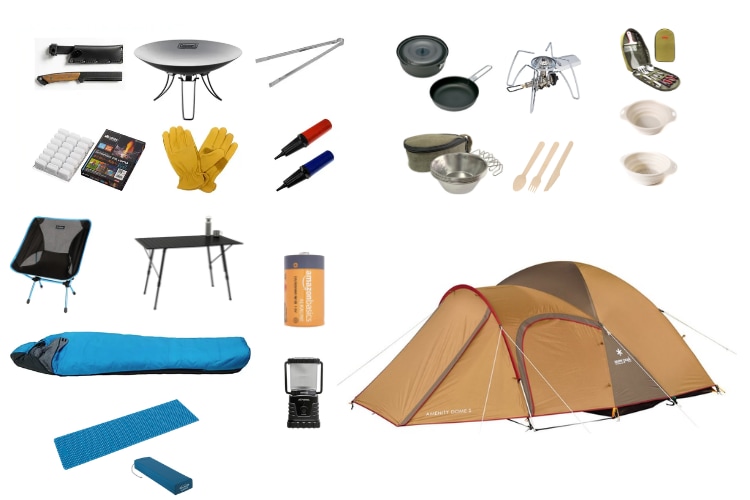 This is a list of camping equipment. This set includes not only comfortable furniture such as chairs and tables, but also everything you need to enjoy campfires and cooking.