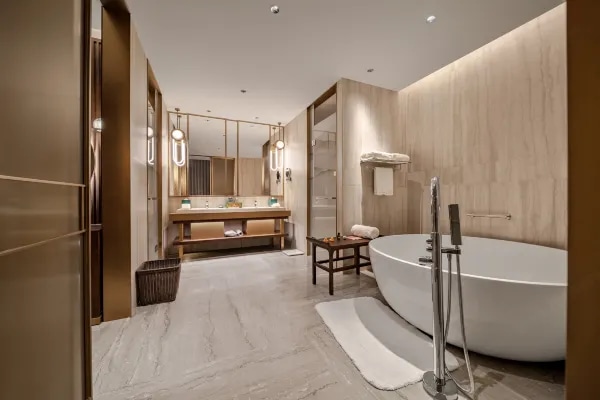 Hotel guest room bathing area environment display map