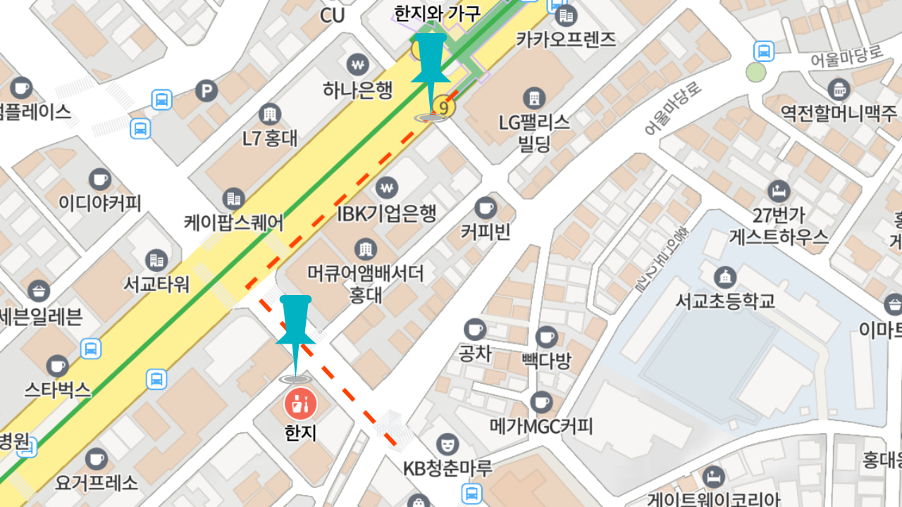 距離弘大站9號出口僅5分鐘步行路程