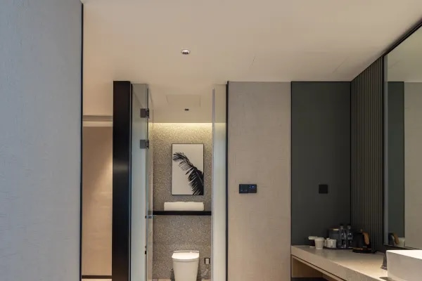 Hotel guest room bathing area environment display map