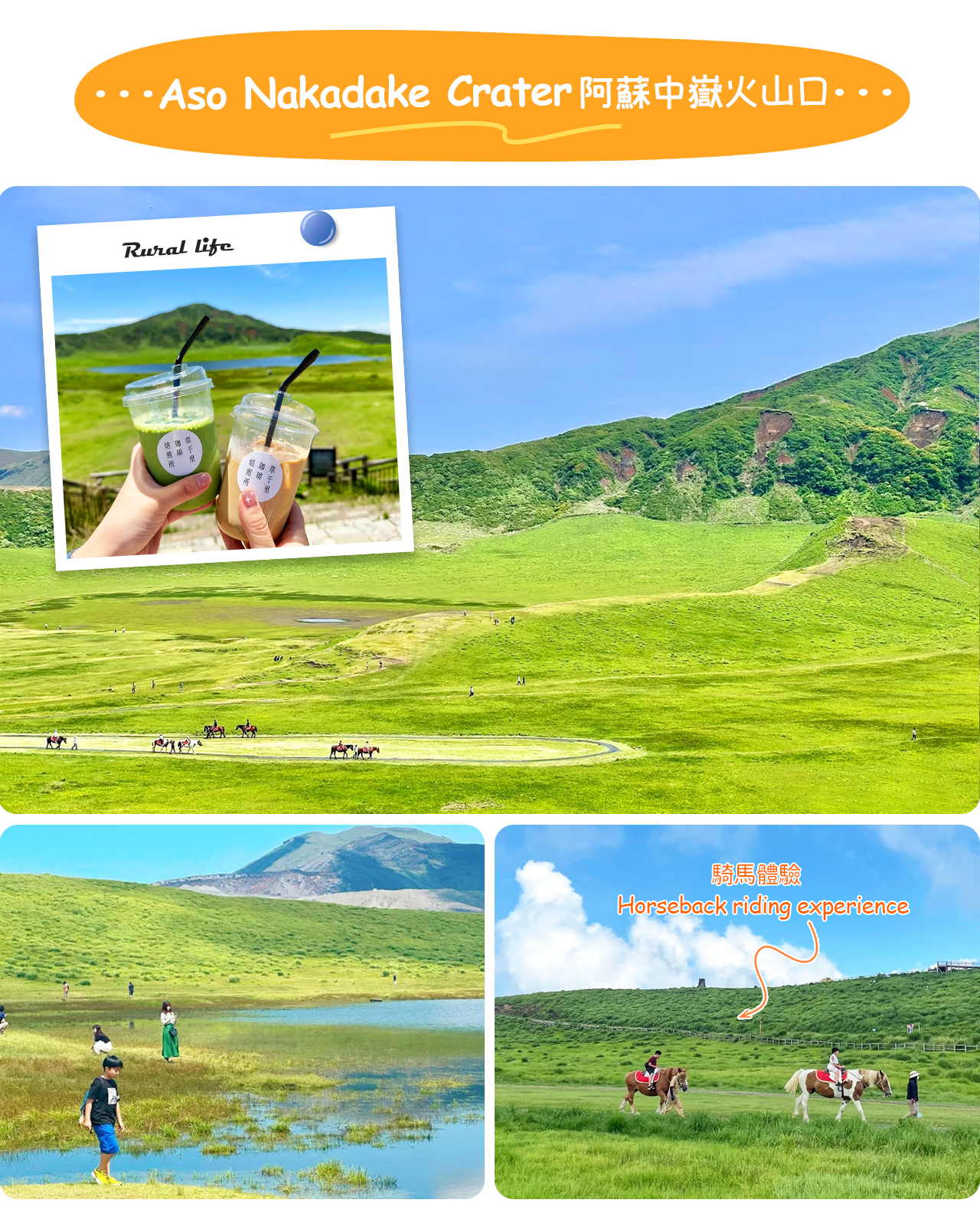 阿蘇山草千里是一片廣闊的火山草原,四季綠草如茵,牛馬悠閒放牧,景色壯麗如畫。 阿蘇山草千里是一片廣闊的火山草原,四季綠草如茵,牛馬悠閒放牧,景色壯麗如畫。