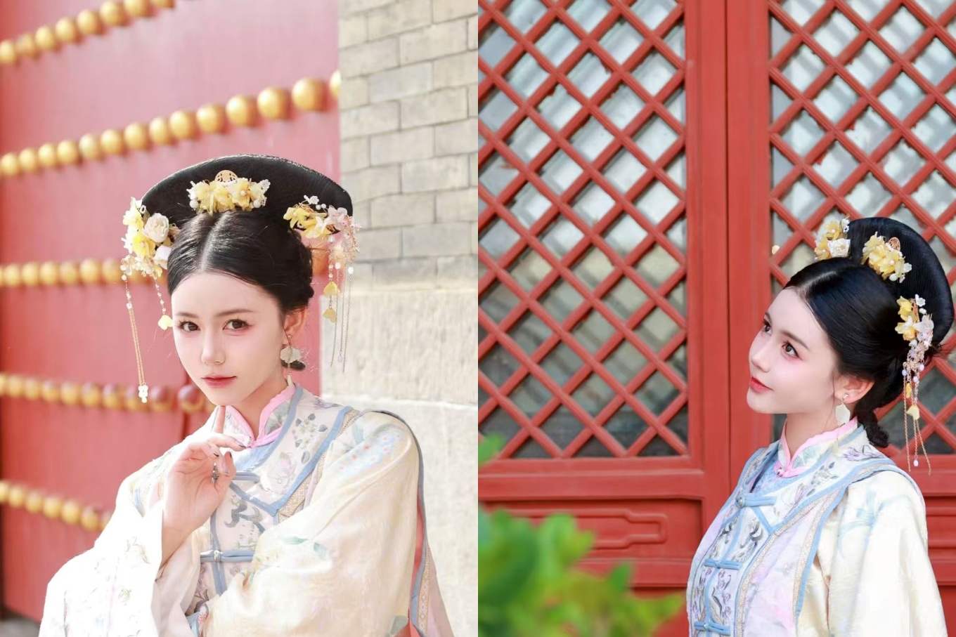 根據臉型定製眉形，搭配珠釵、步搖、絨花等配飾，輕點朱唇，挽起髮髻，轉身瞬間，便成了從史書裡走出的人物