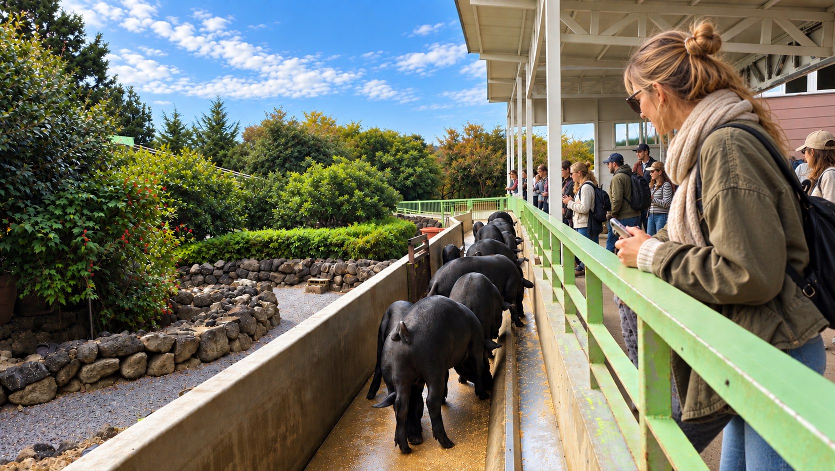 享受可愛的動物互動體驗，例如在休愛里自然生態公園（Hueree Natural Park）觀賞獨特的黑豬表演。