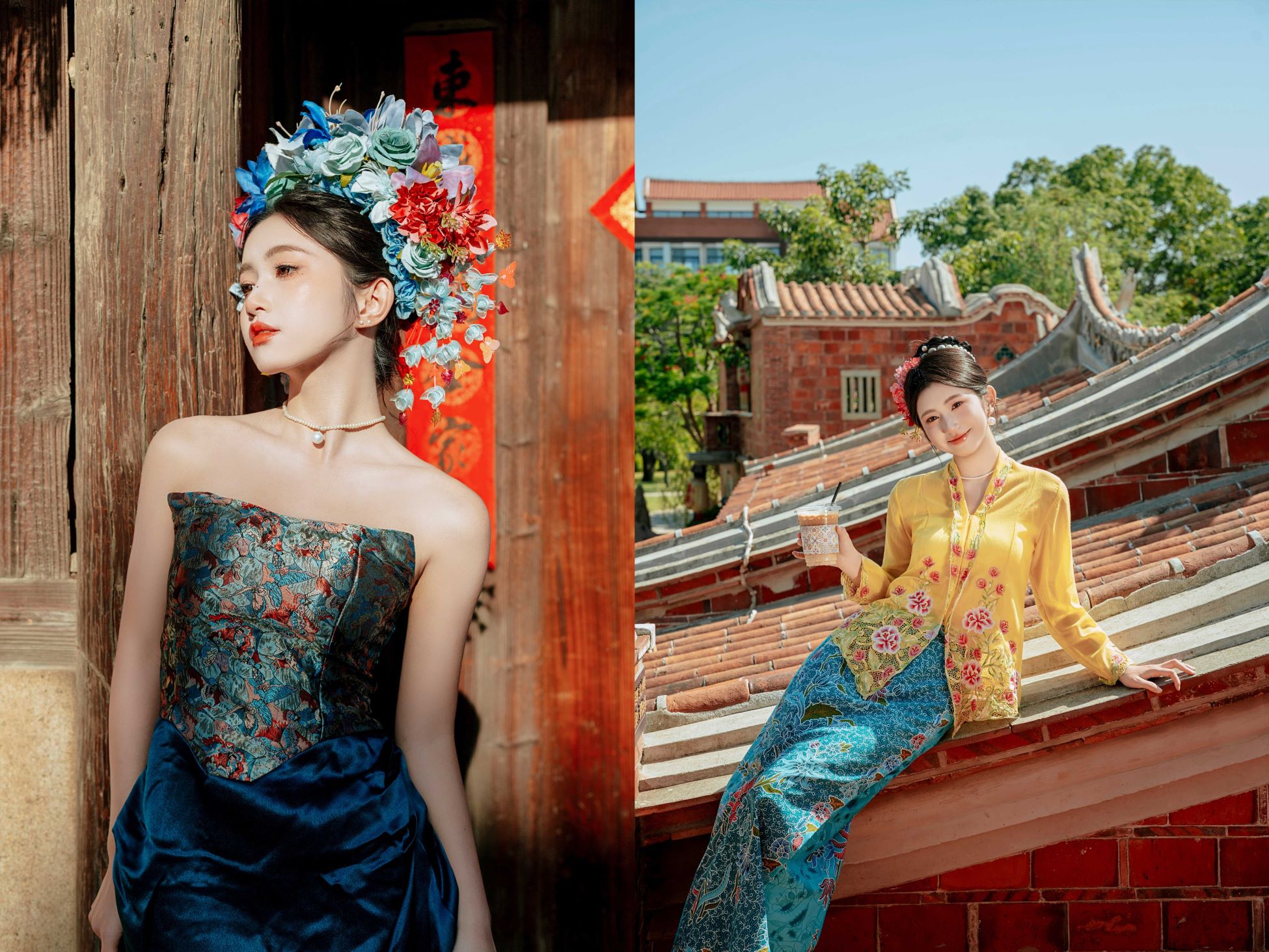 以梧林百年古村落為天然拍攝背景，紅磚古厝配簪花頭冠，南洋風情小娘惹裝搭古巷石板路