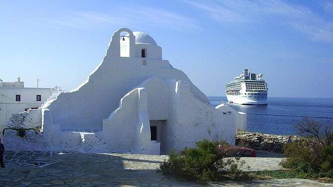 Ancient Church of Panagia Paraportiani, showcasing its unique multi-layered architecture