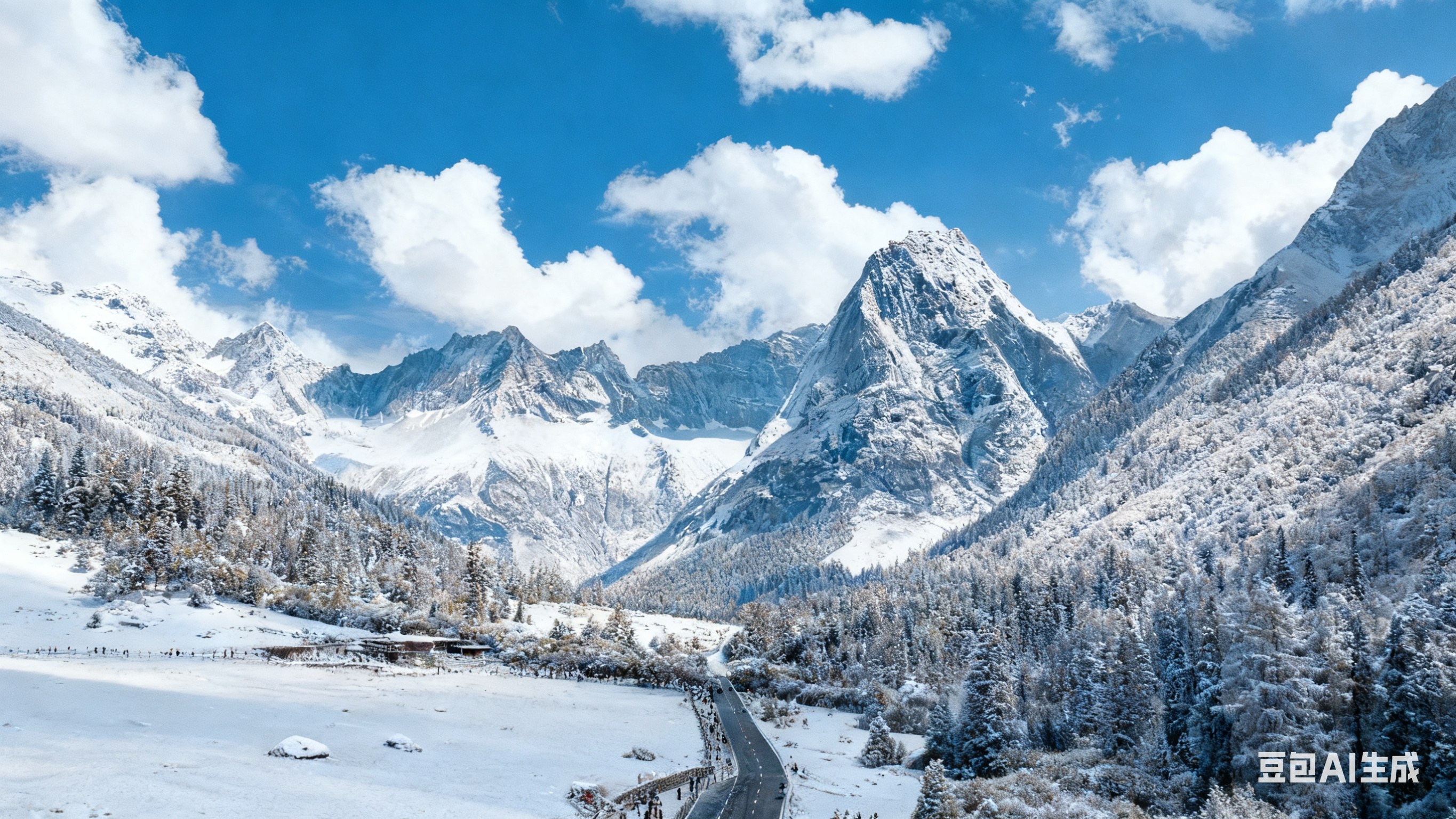 大雪覆蓋了山林與道路，藍天、白雲、雪山、霧凇，構成了畢棚溝的冬日童話。走在這樣的風景裡，彷彿每一步都踩進了純淨的夢境