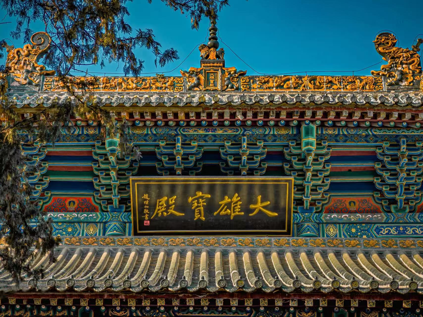 大雄寶殿局部特寫:青灰筒瓦、鎏金屋脊神獸與繁複斗拱盡顯古建華美,黑底金字 “大雄寶殿” 牌匾蒼勁有力,左側松枝點綴,莊重中透著生機 大雄寶殿局部特寫:青灰筒瓦、鎏金屋脊神獸與繁複斗拱盡顯古建華美,黑底金字 “大雄寶殿” 牌匾蒼勁有力,左側松枝點綴,莊重中透著生機