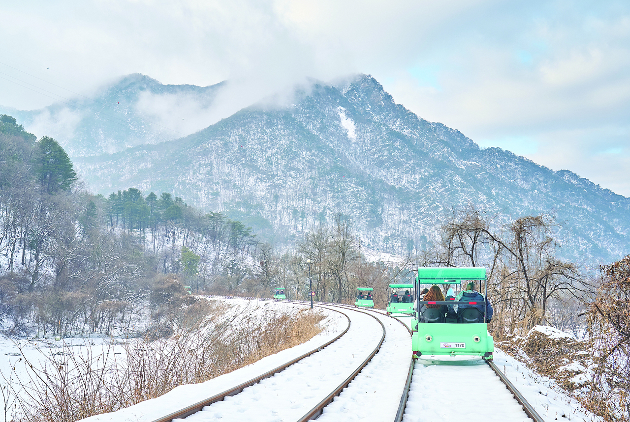搭乘冬季鐵道自行車,飽覽令人屏息的皚皚雪山。 搭乘冬季鐵道自行車,飽覽令人屏息的皚皚雪山。