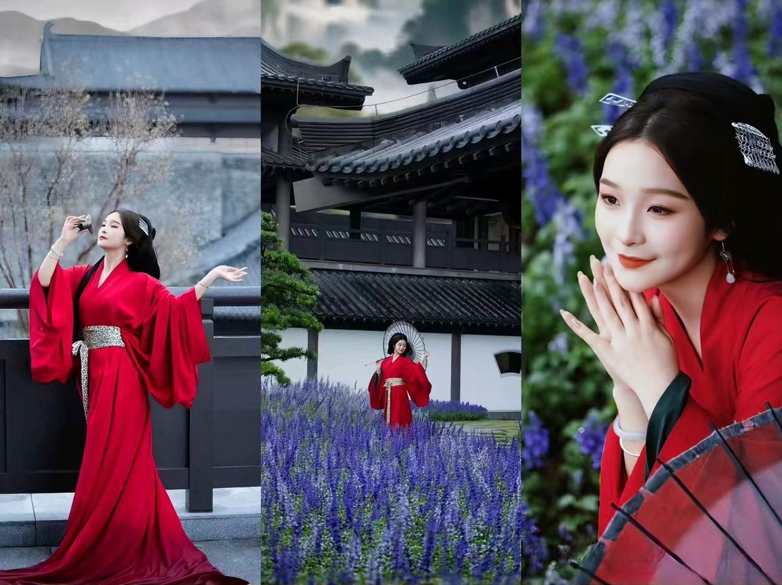 紅衣漢服少女在古建與藍花田中留下多組畫面,或舉杯邀月,或撐傘漫步,或近景托腮,紅裙與灰瓦、紫花形成強烈色彩對比,盡顯俠氣與溫婉兼具的東方美感,視覺衝擊力極強 紅衣漢服少女在古建與藍花田中留下多組畫面,或舉杯邀月,或撐傘漫步,或近景托腮,紅裙與灰瓦、紫花形成強烈色彩對比,盡顯俠氣與溫婉兼具的東方美感,視覺衝擊力極強