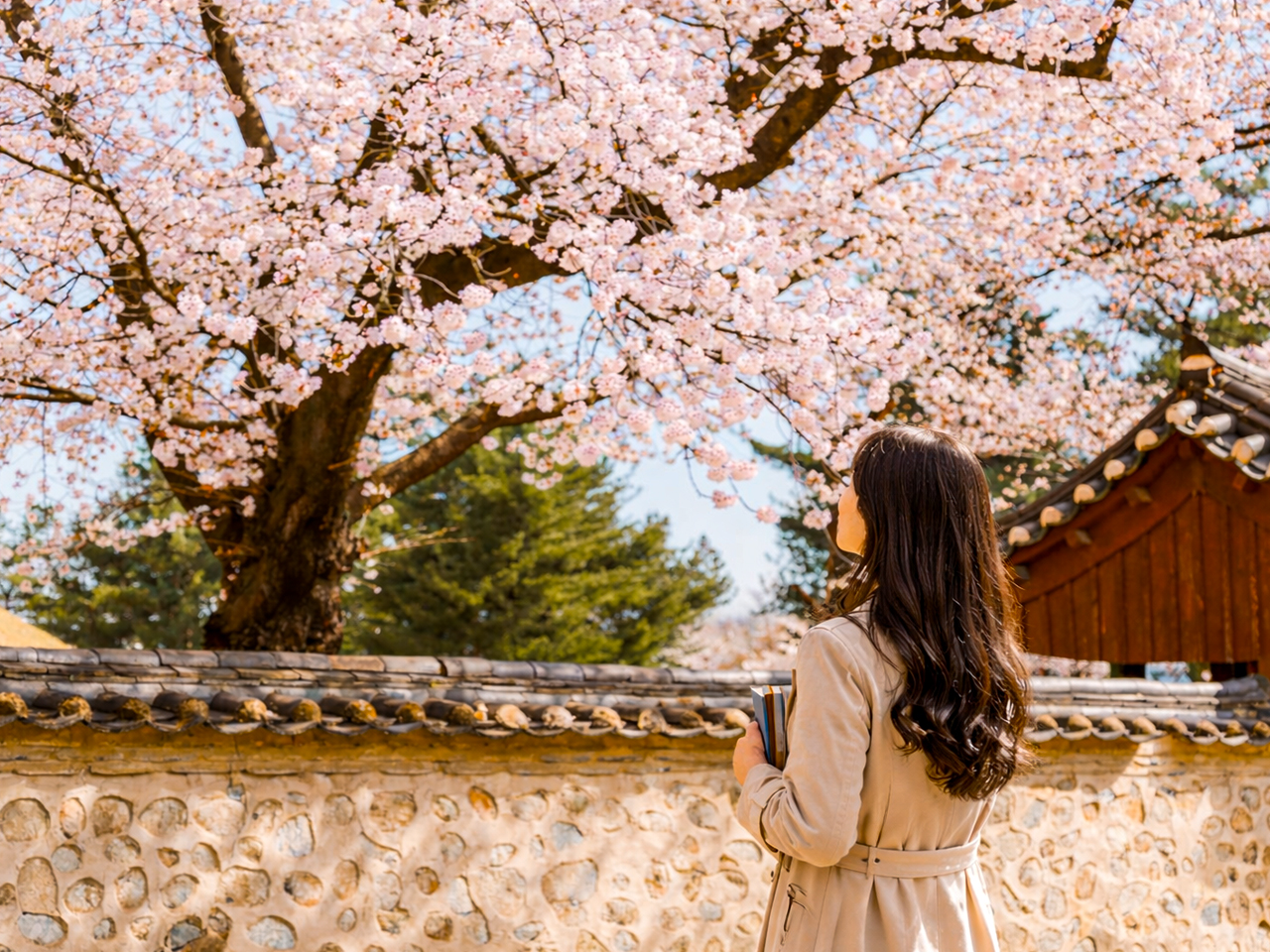 在慶州大陵苑高聳的櫻花樹下,石牆與春日花朵共同營造出永恆而優雅的景緻。 在慶州大陵苑高聳的櫻花樹下,石牆與春日花朵共同營造出永恆而優雅的景緻。