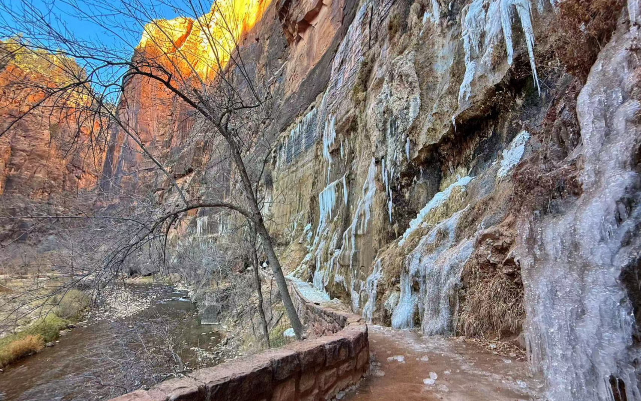在陽光普照的峽谷小徑上，欣賞掛滿冰柱的冬季壯麗藝術