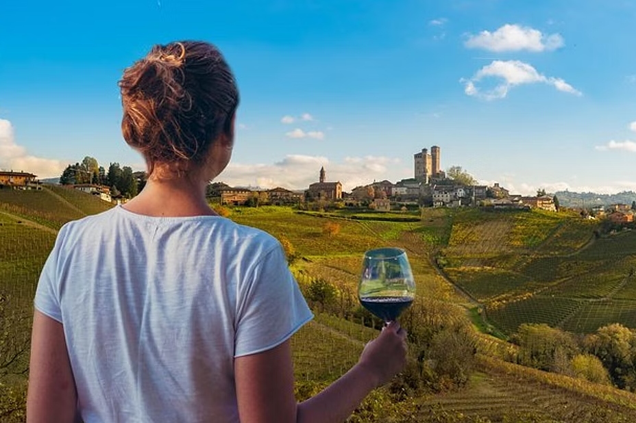 A girl holding a glass of red wine, looking at amazing green vineyards