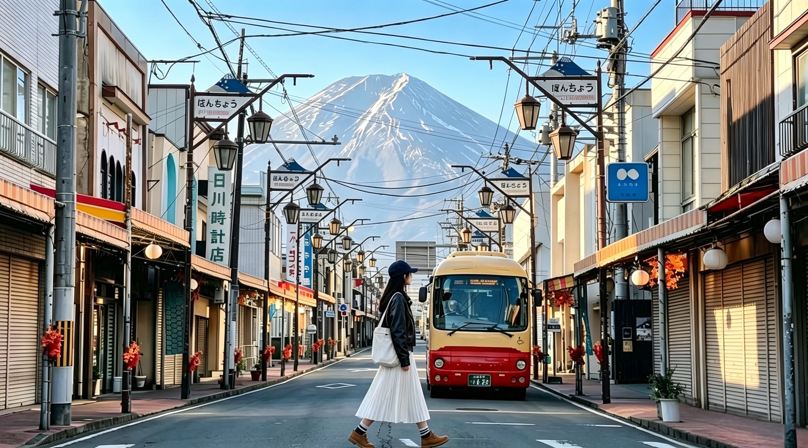 穿越感滿滿的日系街景,街道盡頭直對富士山,電線、街燈、時鐘店組成經典構圖,是INS爆火的“日式街頭+富士山”取景地,氛圍感拉滿。 穿越感滿滿的日系街景,街道盡頭直對富士山,電線、街燈、時鐘店組成經典構圖,是INS爆火的“日式街頭+富士山”取景地,氛圍感拉滿。