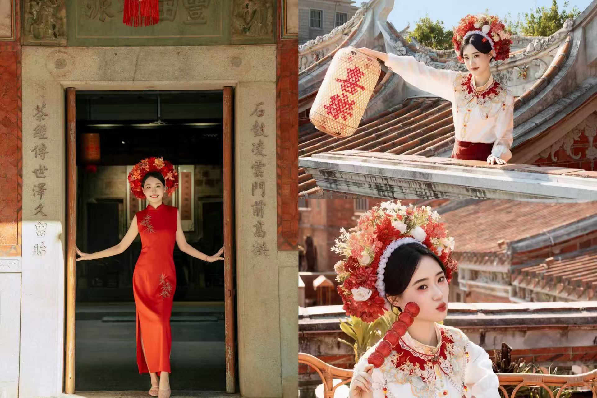 簪花造型盤發細緻到每一根頭髮絲，色彩搭配貼合東方美學，溫柔又精緻，素顏也能秒變古風美人