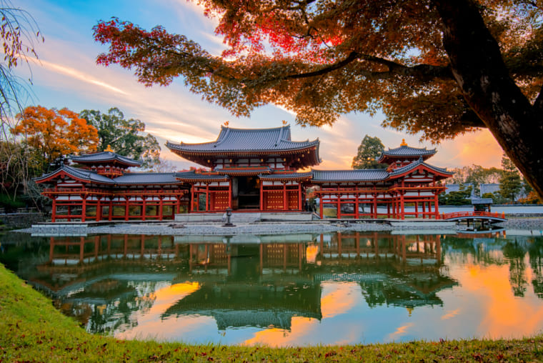 宇治平等院是世界文化遺產，以鳳凰堂優雅的水上倒影聞名，被譽為日本建築與庭園藝術的極致代表。
寺院周邊遍布茶香四溢的宇治茶老舖，融合歷史與風雅氣息，是京都近郊的必訪之地。