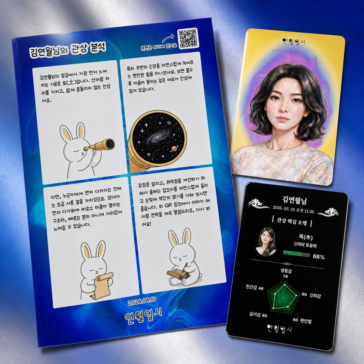 探索範例 YMDT 四柱八字結果卡片。（請查看年月日時面相結果卡片範例。）