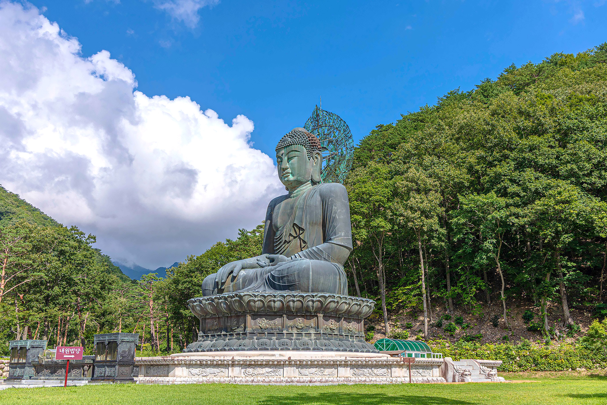 ⛩️ 神興寺位於山中，以其巨大的佛像而聞名。