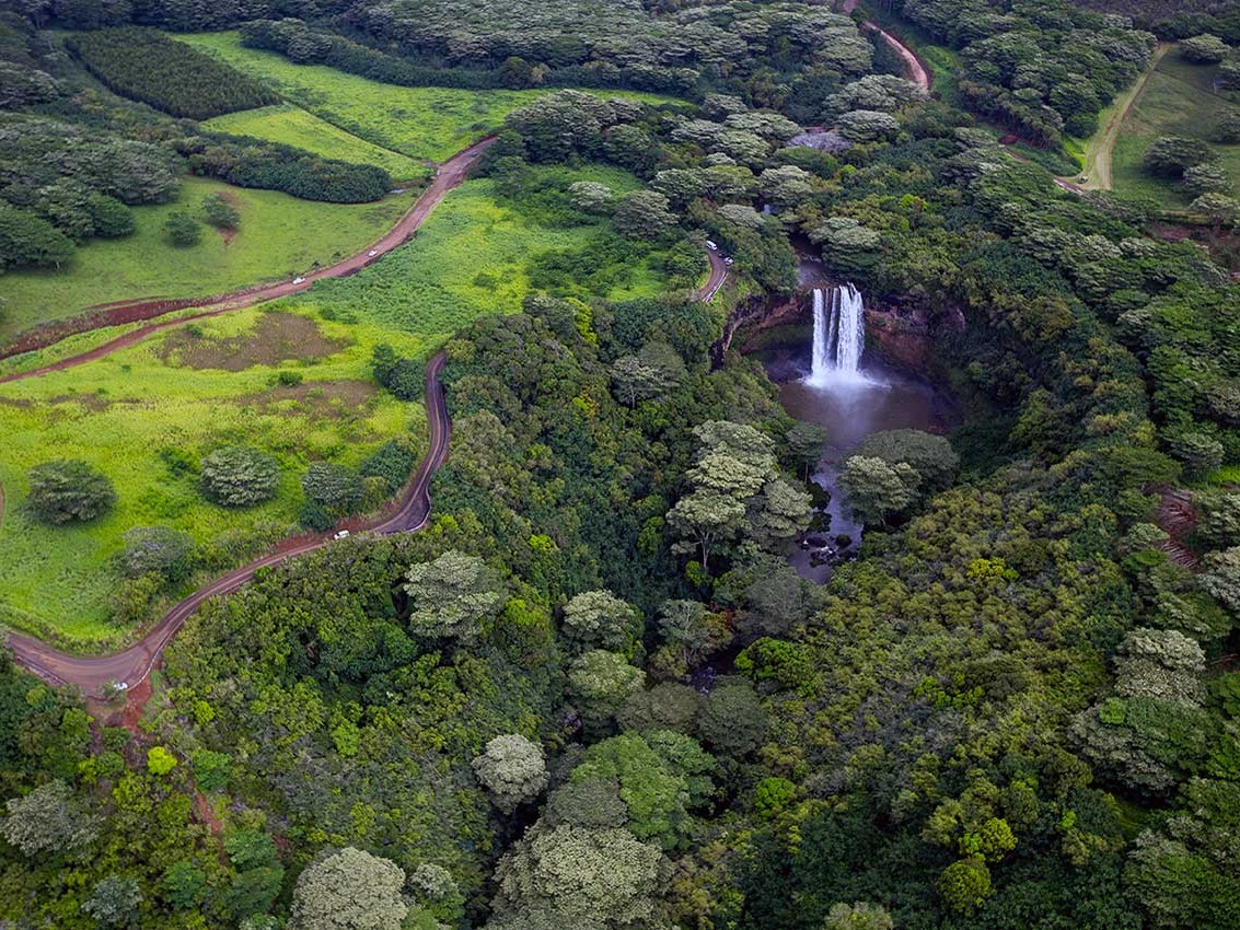 Marvel at cascading waterfalls from an aerial perspective, showcasing Kauai's hidden treasures