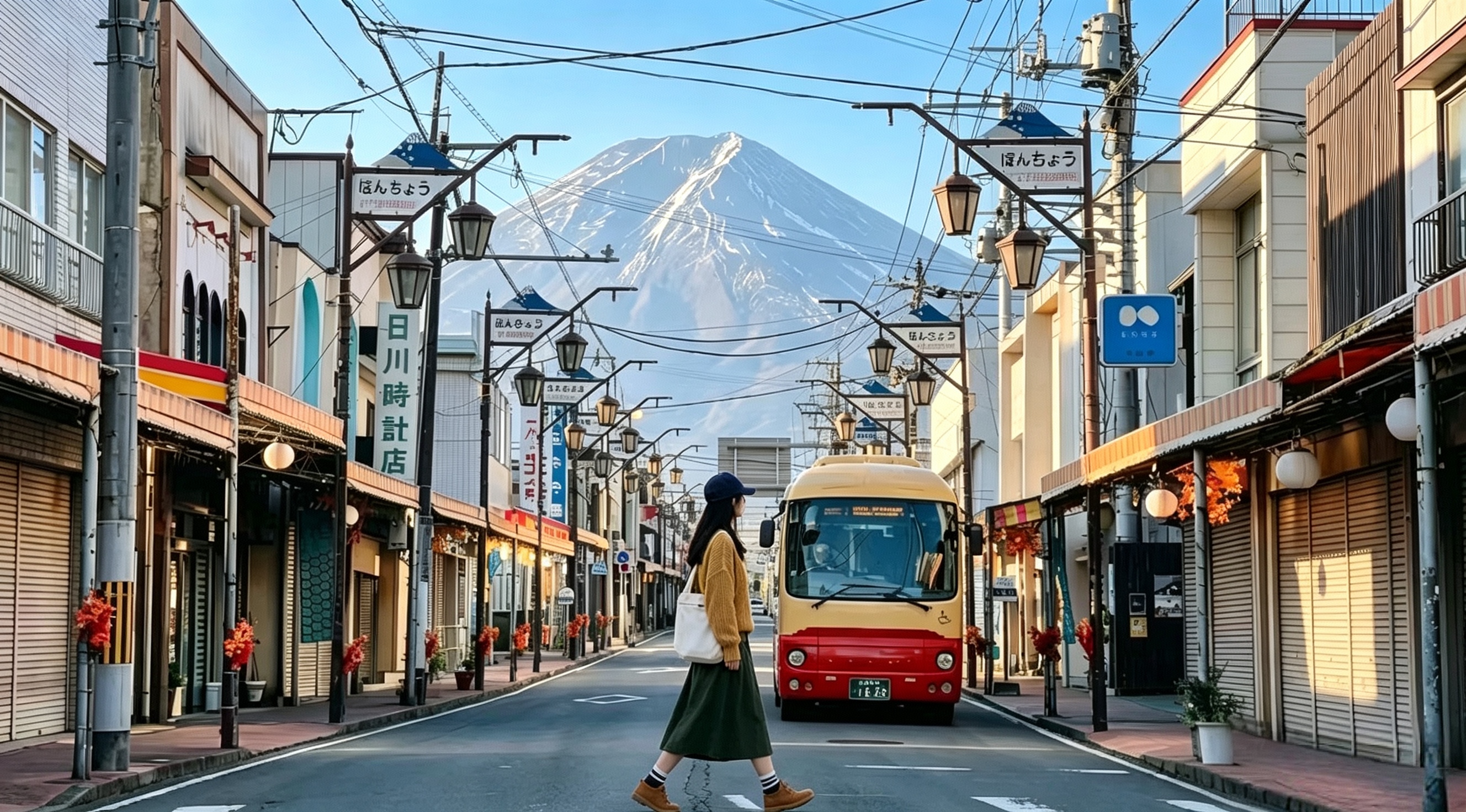 熱門街區-日川時計店位於富士山腳下，街道盡頭就是雪頂富士