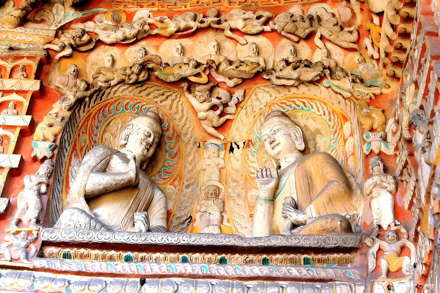 山西雲岡石窟的雕刻以雄渾壯闊的北魏風格著稱，佛像、菩薩與伎樂天人等造像或莊嚴靜穆或靈動飄逸，融合印度犍陀羅藝術與中原傳統技法，展現出多元文化交融的千年藝術史詩。