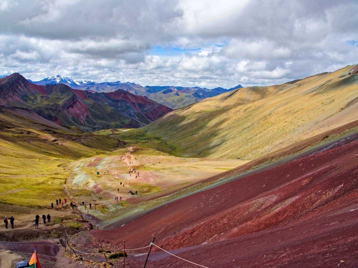 Stunning aerial view captures the scenic landscapes surrounding Vinicunca, showcasing colorful mountains and valleys