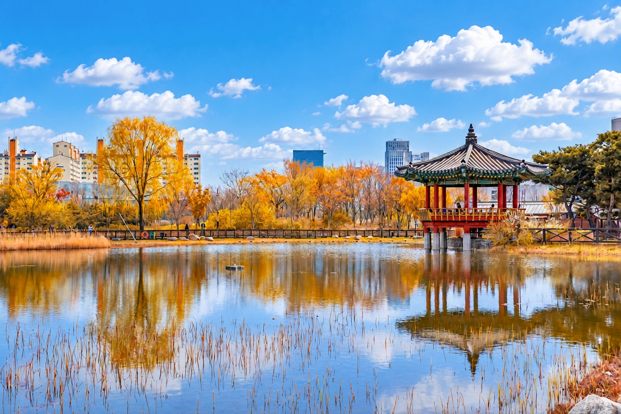 在大田韓밭樹木園（Daejeon Hanbat Arboretum）體驗寧靜的秋日逃離，這裡色彩斑斕的秋葉、豐富的植物和幽靜的花園為您打造完美的季節度假勝地。