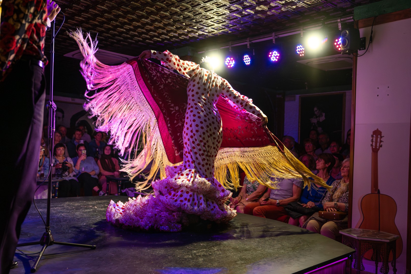 身著傳統吉普賽服裝的佛朗明哥舞者在格拉納達的佛朗明哥 tablao 跳舞和唱歌。 身著傳統吉普賽服裝的佛朗明哥舞者在格拉納達的佛朗明哥 tablao 跳舞和唱歌。