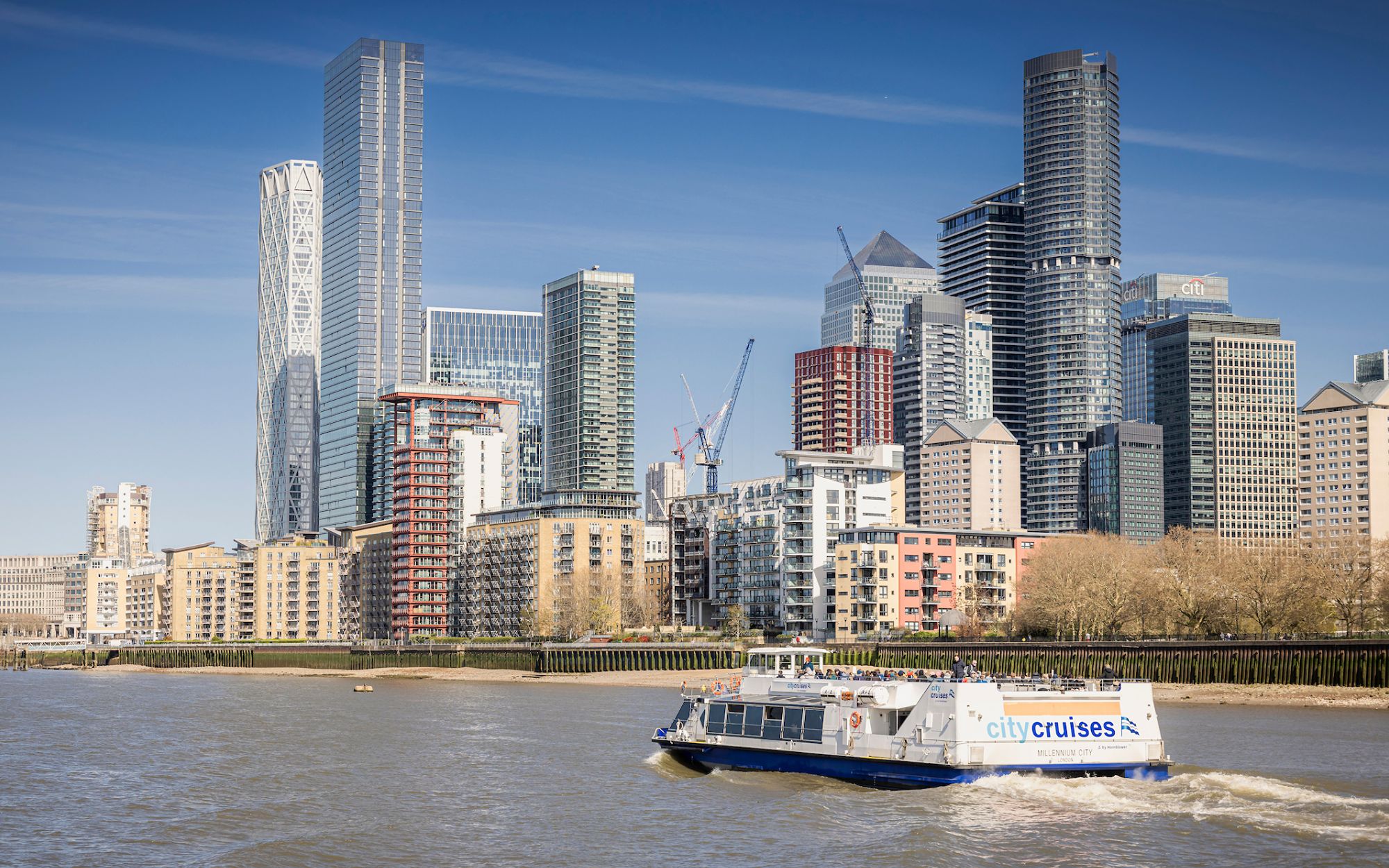 City Cruises 遊船航行於泰晤士河上，背景為金絲雀碼頭