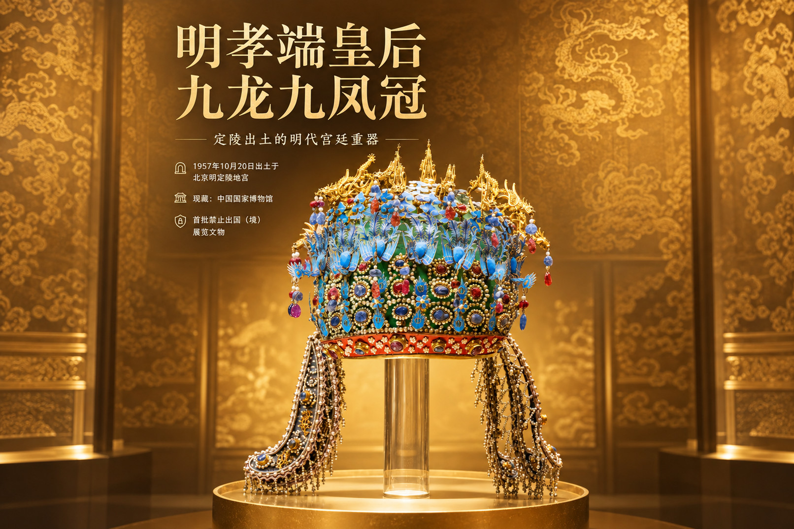 明孝端皇后九龍九鳳冠,該冠上面翠鳥的羽毛光澤感好,色彩豔麗,再配上金邊,顯得富麗堂皇,且永不褪色。 明孝端皇后九龍九鳳冠,該冠上面翠鳥的羽毛光澤感好,色彩豔麗,再配上金邊,顯得富麗堂皇,且永不褪色。