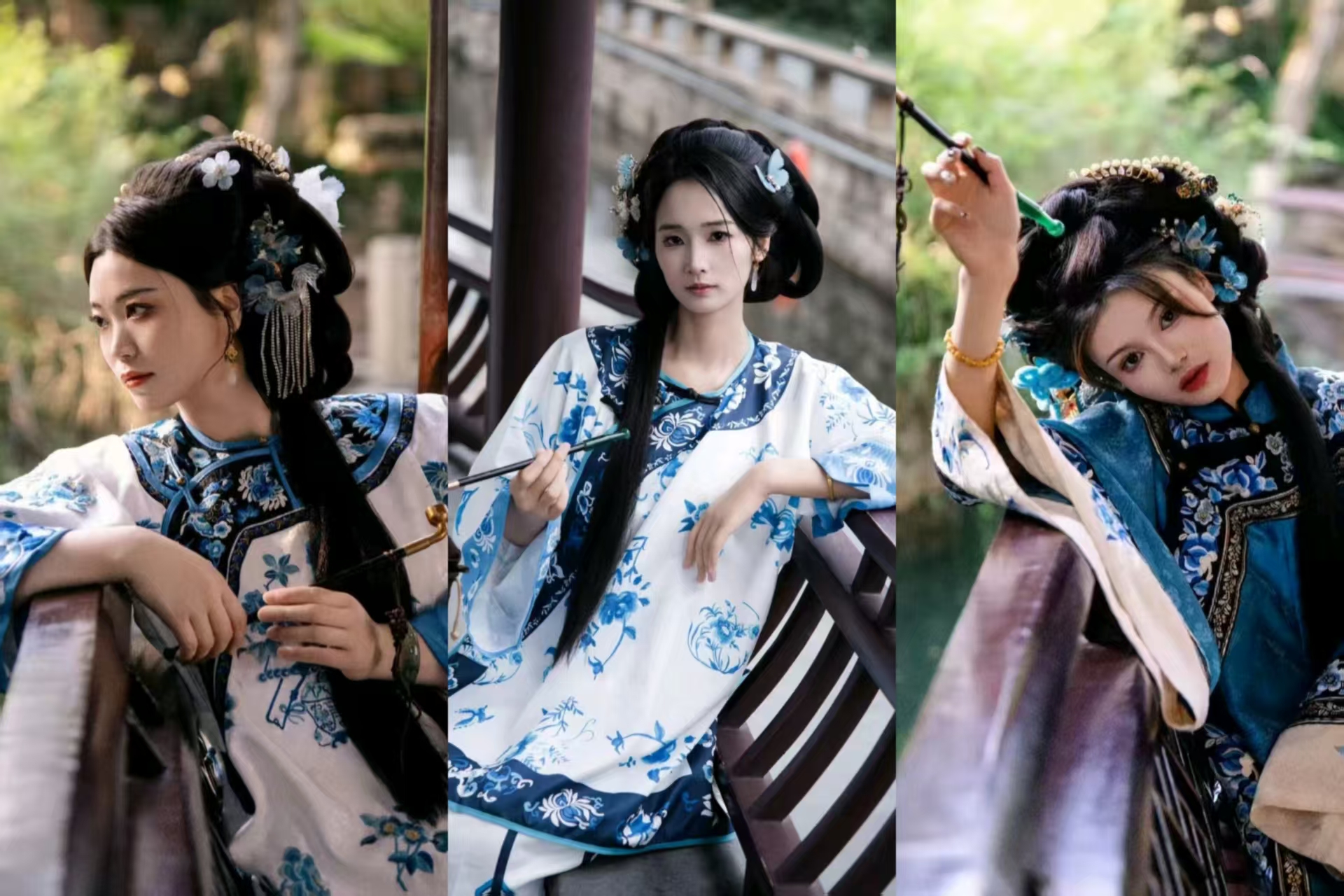 女子穿藍白花紋漢服，於廊間。或倚欄、或閒坐、或執筆，神態慵懶，古典服飾與園林相融，韻致悠然