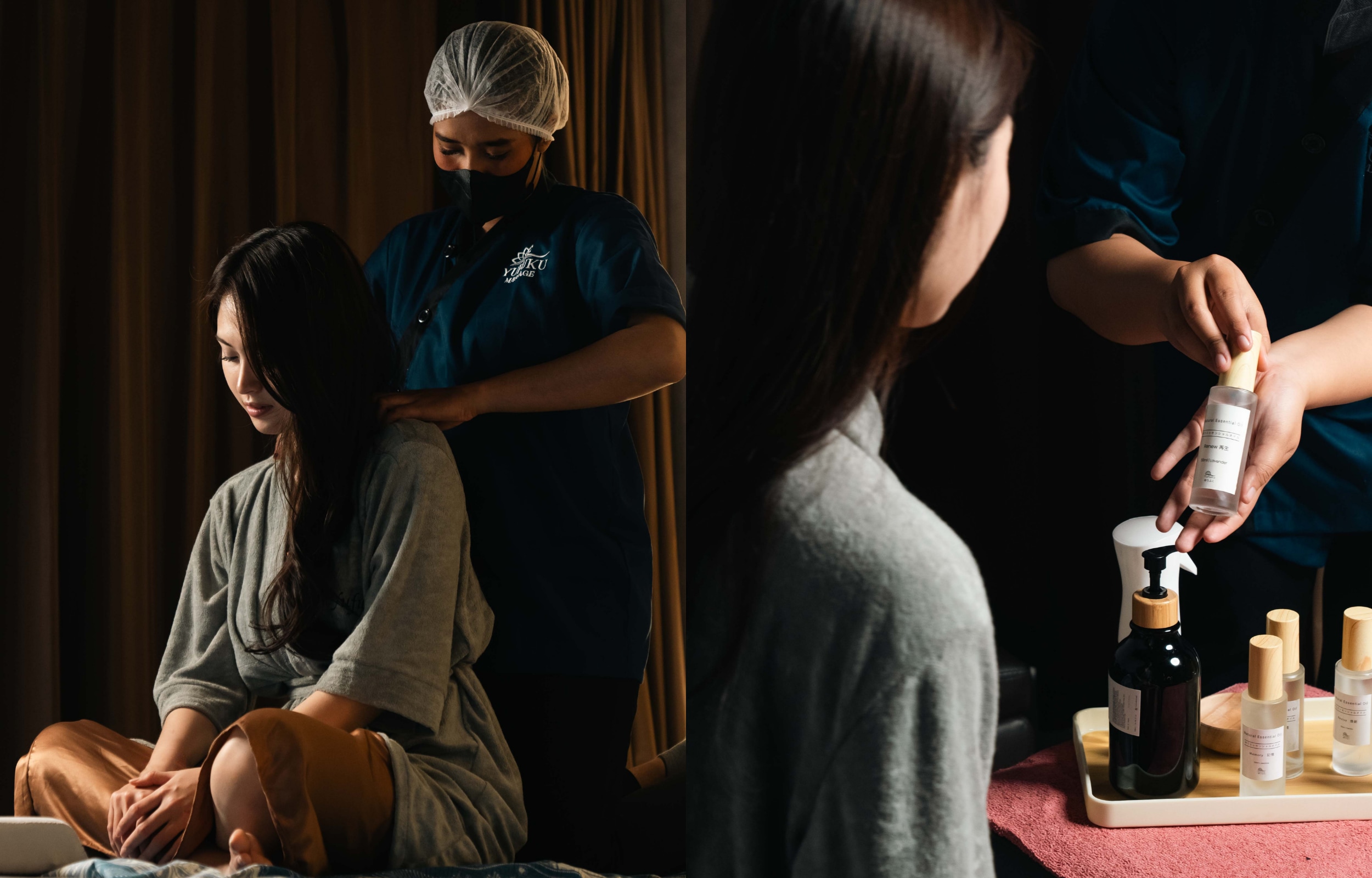 個人化的療程前諮詢與產品準備，由專業芳療師評估您的緊繃點，並精選多種精油，確保每項 Yufuku 療程都能精準且細心地為您量身打造。