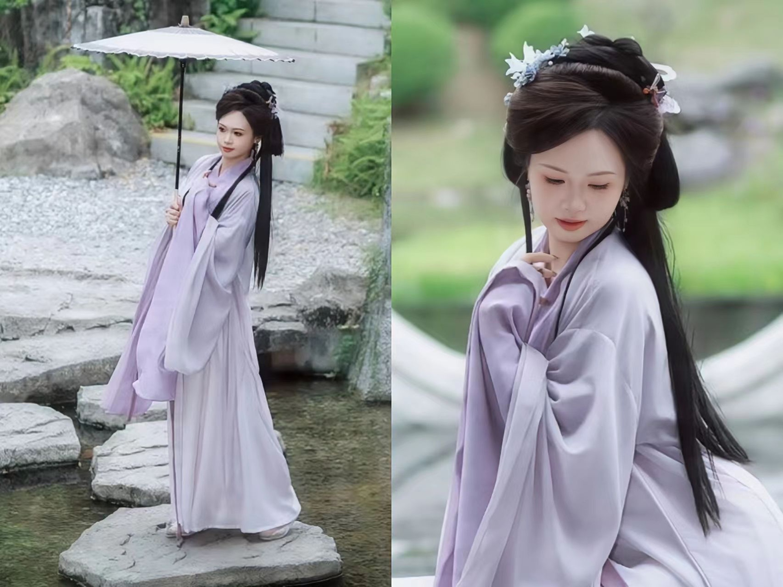 淺紫漢服襯得少女溫婉靈動,手持油紙傘立於溪間石階,髮間珠花垂落,盡顯江南水鄉的清雅詩意 淺紫漢服襯得少女溫婉靈動,手持油紙傘立於溪間石階,髮間珠花垂落,盡顯江南水鄉的清雅詩意