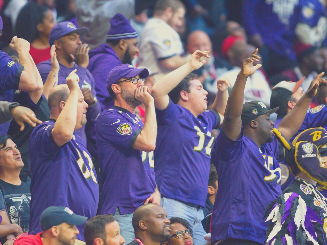 Ravens fans waving flags, jerseys and foam claws in a sea of purple