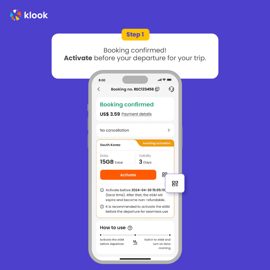 Klook App: Аккаунт - Бронирования - Нажмите активировать (Вы также можете найти QR-код eSIM в ваучере, Настройки - Сотовая связь - SIM-карты - Нажмите Добавить eSIM - отсканируйте QR-код)