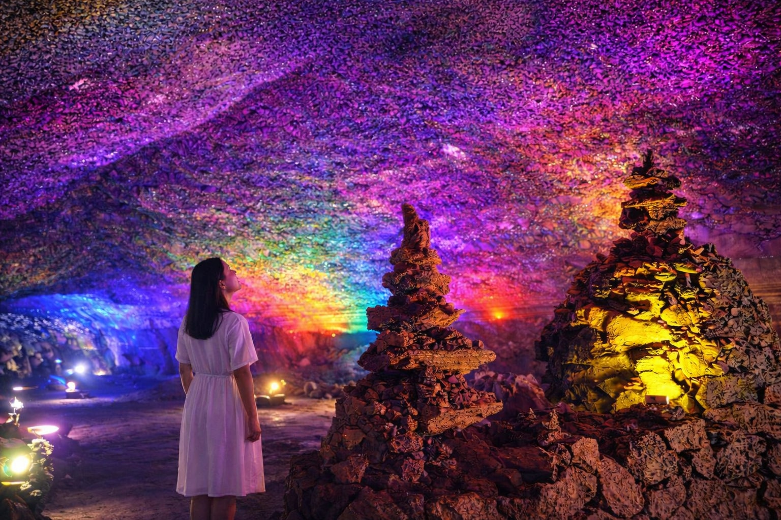 Experience a unique artistic touch as you view art inside a cave sculpted by lava.