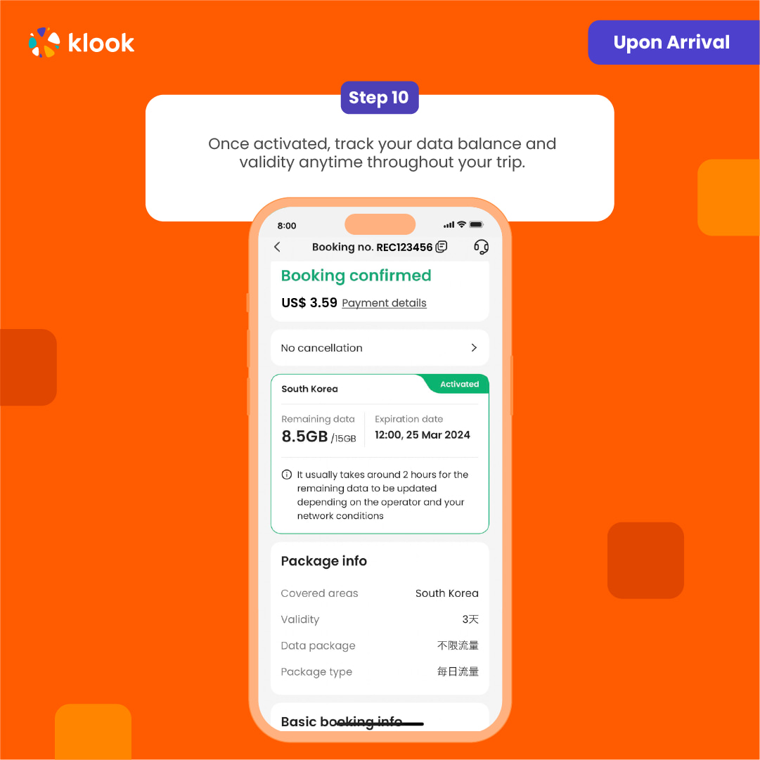 Check the eSIM status in your bookings in Klook APP (Reach out to us on the top right of the booking if you have any issues!)